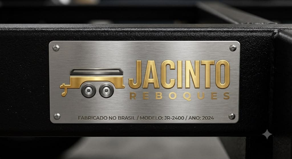 Placa metálica de identificação Jacinto Reboques fixada no chassi: fabricado no Brasil